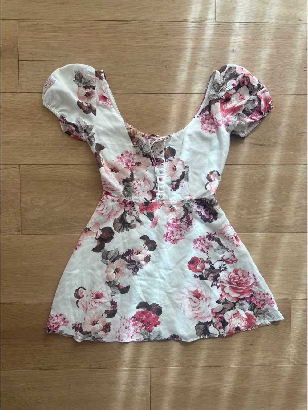 LPA Floral Linen Blend Puff Sleeve Mini Dress XS